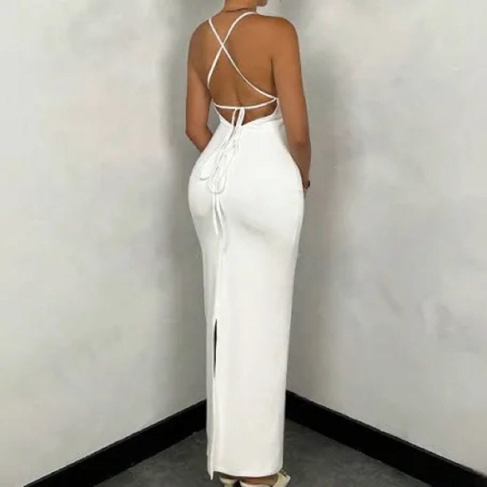 SHEIN White Bodycon Halter Neck Spaghetti Strap Tie Low Back Shiny Dress Sz M